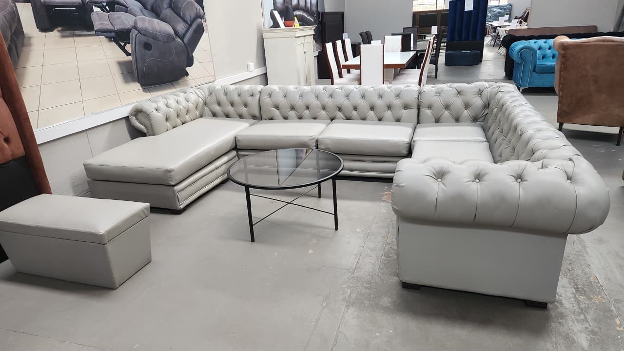 Large Grey Leather Chesterfield Corner Daybed